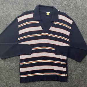 Vintage Background Sweater Mens Medium Blue Striped Collared V Neck Acrylic Knit